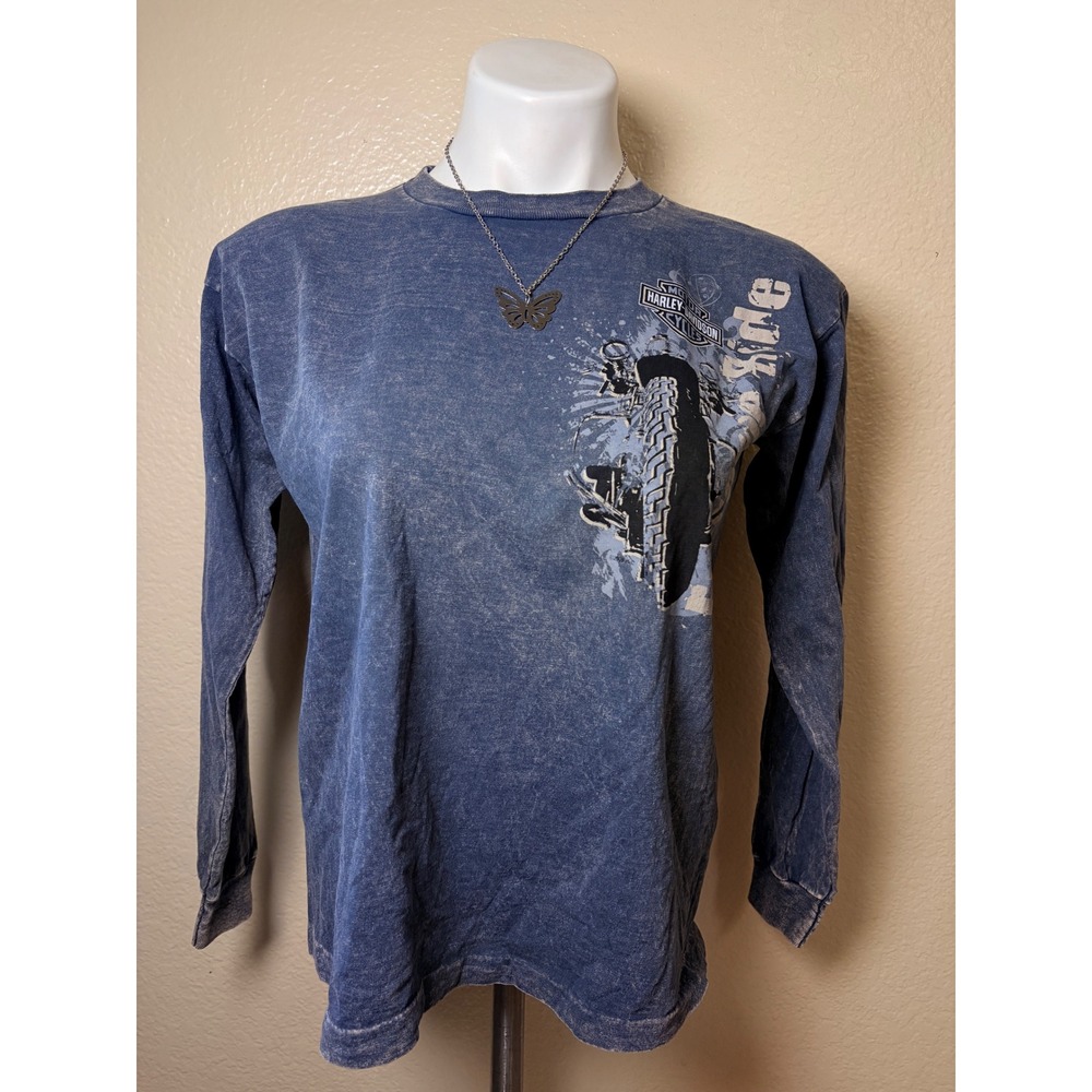 ❌❌❌SOLD❌❌❌Harley-Davidson Long Sleeve Graphic T-Shirt Blue Acid Wash Free #7